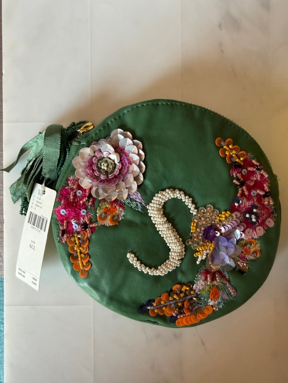 Anthropologie Green Round Mini Bag with Floral Sequin Embellishments